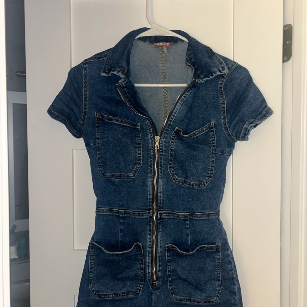 Free People Blue Denim Zip-Up Jumpsuit